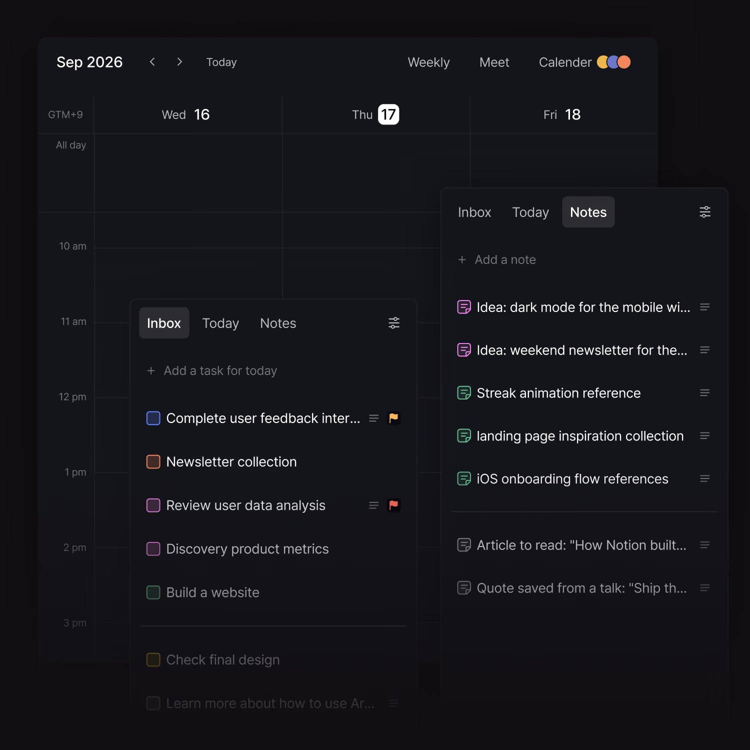Arch Calendar combining tasks, calendar, and notes in one view